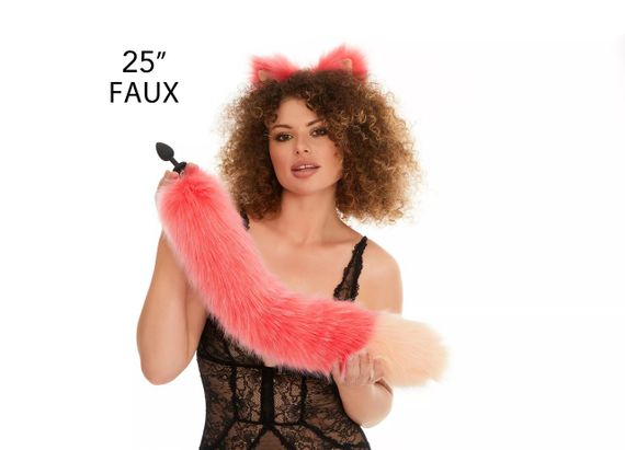 Анальний хутряний хвіст без пробки, Яскраво-рожевий з персиковим кінчиком, OKOVA 60 см. sexstyle