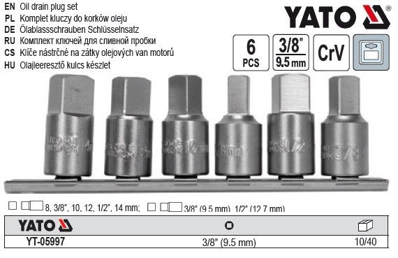 Набор торцевые головки масляных пробок YATO Польша 3/8" 1/2" 8/10/12/14 мм 6 шт YT-05997 | Зображення 1