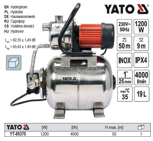 Насосна станція (Гідрофор) мережева YATO Польша : 1200 Вт, 4000 л/год, Ø= 1", 19 л, глиб.- 9м, вис.- 50м | Зображення 1