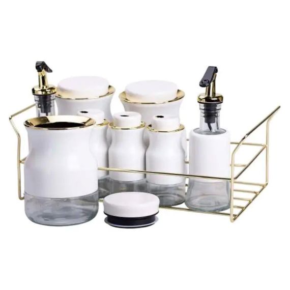 Набір для спецій на підставці з пляшками для олії та оцту 8 предметів Білий HP-1360W | Зображення 2