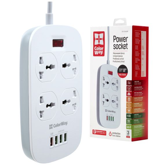 Мережевий фільтр живлення ColorWay 4 розетки/4USB White 1.8м (1QC3.0 + 3 AUTO ID) (CW-CHU44QW) | Зображення 5