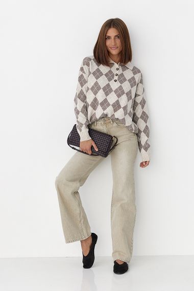 Вільний светр-поло з ромбами - бежевий цвет, ONE SIZE (є розміри) | Зображення 2