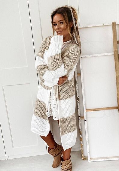 Женский вязаный кардиган двухцветный, оверсайз STL1414 размер единый 42/48, цвет бело-бежевый