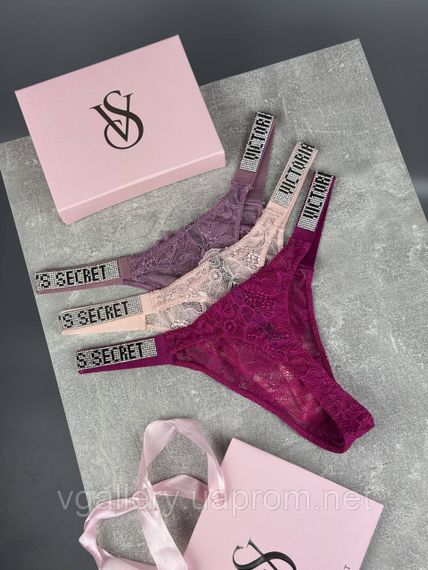 Комплект кружевных женских стрингов со стразами Victoria's Secret - 3 шт на выбор, трусики-стринги Виктория Сикрет L-кружевные | Зображення 6
