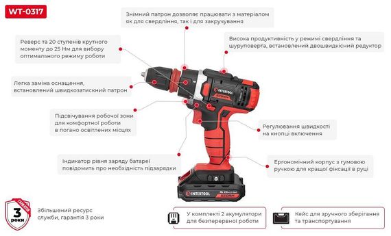 Дриль-Шуруповерт акумуляторний INTERTOOL WT-0317 з АКБ і ЗП в компл | Зображення 9