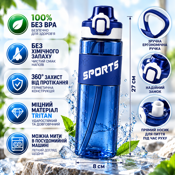 Бутылка для воды KANGZYUAN 500 мл синяя спортивная с Tritan без BPA, ударопрочная, с эргономичной крышкой | Зображення 8