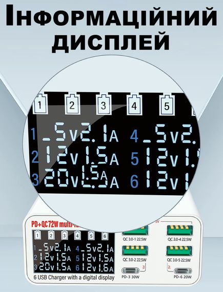 Многопортовое зарядное устройство с дисплеем для быстрой зарядки 6 устройств Addap MCS-896C, 4×USB QC3.0 и 2×Type-C PD, 72W | Зображення 5