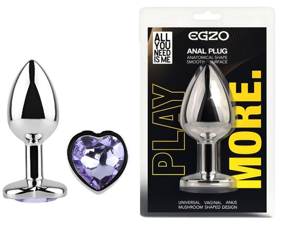 Анальная пробка с кристаллом EGZO - Silver Heart Plug Amethyst size S