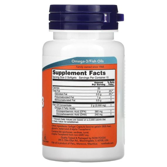 Омега-3, Omega-3, Now Foods, 180 ЕПК/ 120 ДГК, 30 гелевих капсул | Зображення 1