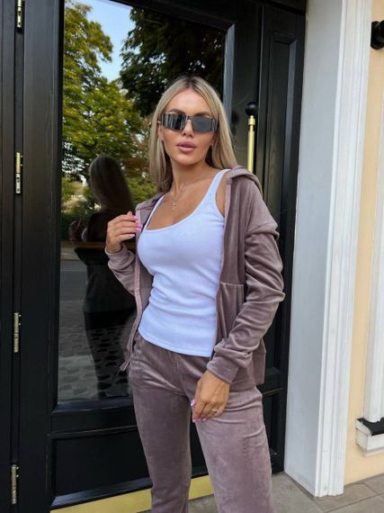 Жіночий спортивний велюровий костюм на блискавці з капюшоном штани на манжеті моко синій розмір 50/52  Mon2052 | Зображення 1