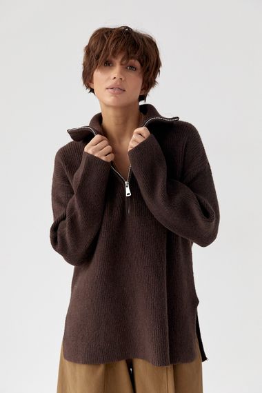 В'язаний светр із високою горловиною на блискавці - коричневий цвет, ONE SIZE (є розміри) | Зображення 4