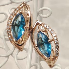 Сережки медицинское золото, розмір 19/9 мм, вага 1,5гр, фіаніт блакитний