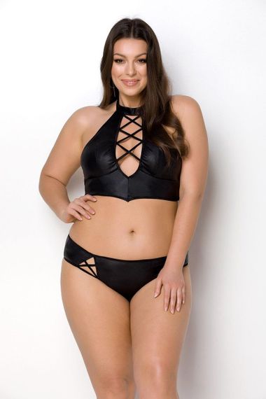 Комплект из экокожи Passion NANACY BIKINI 6XL/7XL black, бра и трусики с имитацией шнуровки Sex Aura