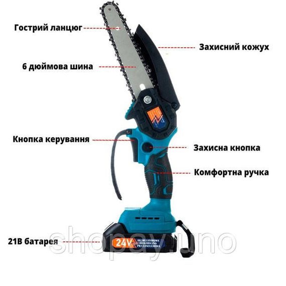 Акумуляторна міні‑ланцюгова пила Domotec 24V — шина 6″ (15 см), 2 акумулятори, кейс | Зображення 3