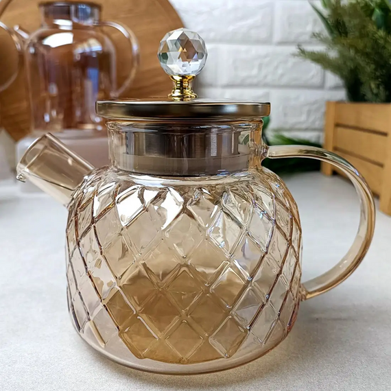 Термостійкий скляний чайник Amber Crystal GK-5502 1 л декоративний рельєфний дизайн Бурштиновий перламутр | Зображення 6