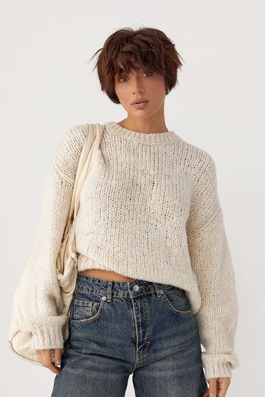 Жіночий однотонний джемпер крупної в'язки - бежевий цвет, ONE SIZE (є розміри) | Зображення 4