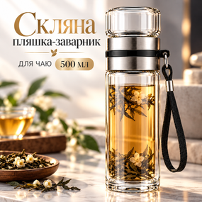 Скляна пляшка-заварник для чаю 500 мл, боросилікатне скло, подвійні стінки, ситечко-фільтр
