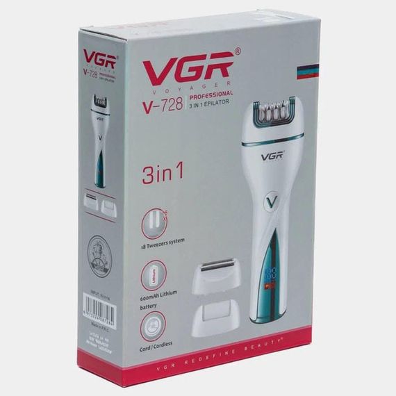 Епілятор акумуляторний жіночий 3 в 1 VGR V-728 Бездротовий електроепілятор пемза бритва для ніг і рук | Зображення 3
