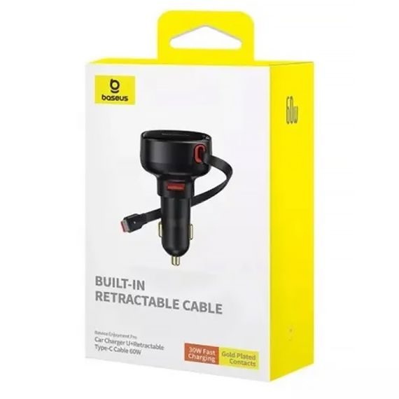 АЗП Baseus Enjoyment Pro PD60W with retractable cables (1USB-A/1C/1L) (C00057802111) Cluster Black | Зображення 1