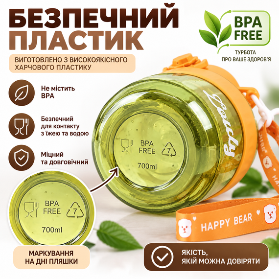 Зручна дитяча пляшка Lovely 700 мл із трубочкою та захистом від протікань Помаранчева | Зображення 5