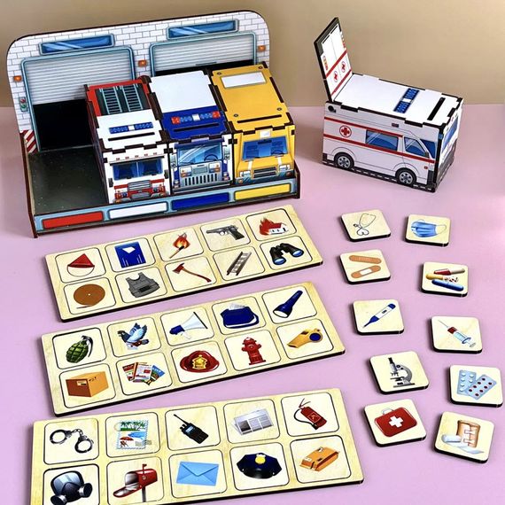 Дерев'яна настільна гра "Службовий транспорт" Ubumblebees (ПСФ027) PSF027 сортер-комодик | Зображення 2