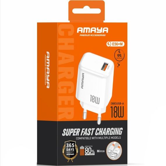 МЗП Amaya E56 QC3.0 18W (1USB-A) + кабель USB to MicroUSB White | Зображення 1