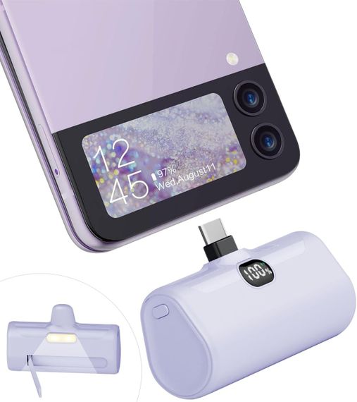 Портативний зарядний пристрій LUCKYDUO 5000mAh, компактний, з LED-ліхтариком та підставкою, PD15W, фіолетовий