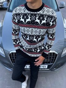 Мужской новогодний свитер с оленями низкий воротник PA2658 цвет черный, размер М