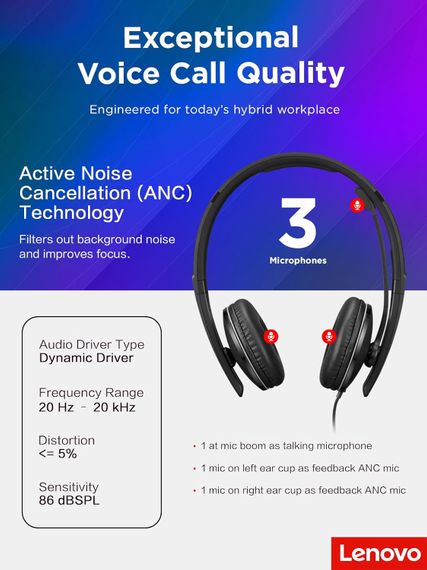 Гарнітура Lenovo Wired ANC Headset Gen 2 (Teams) 4XD1M45627 | Зображення 4