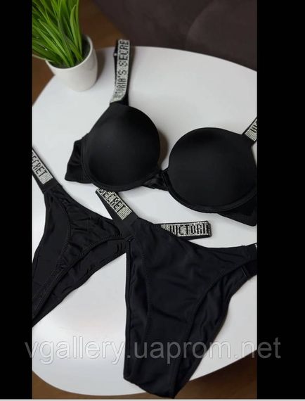 Комплект Трійка - Топ+Танга+Стрінги Victoria's Secret зі стразами, Жіночий купальник Вікторія Сікрет, Чорний, 85B
