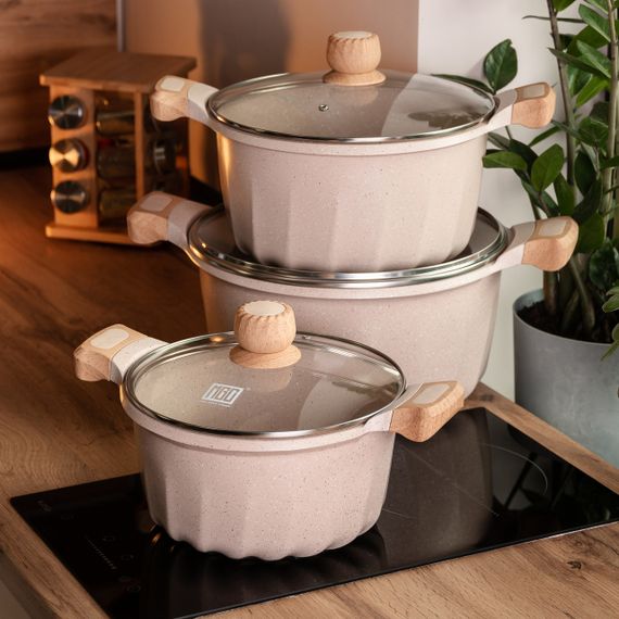 Набір із трьох каструль та сковорідок з кришками 24, 28, 32 см, товсте алюмінієве дно MGC HP-4-402 | Зображення 5