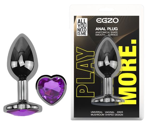 Анальна пробка з кристалом EGZO - Dark Silver Heart Plug Purple size S Sex Aura