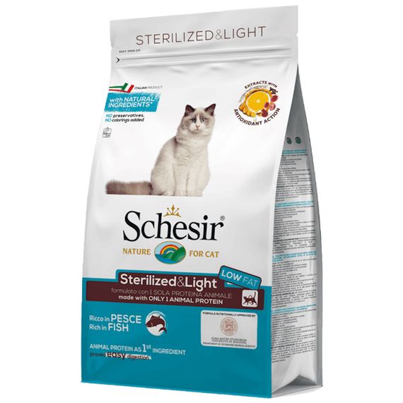 Корм Schesir Cat Sterilized & Light сухий монопротеїновий з рибою для кастрованих котів або котів схильних до повноти 0.4 кг