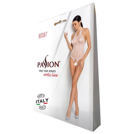 Бодистокинг в крупную сетку Passion BS087 white, открытая спина, халтер, с доступом | Зображення 5