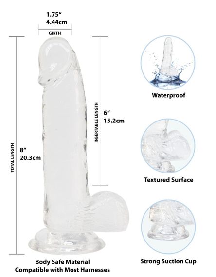 Прозрачный фаллоимитатор на присоске ADDICTION — Clear Dildo with Balls 8″, вибропуля в подарок Sex Aura | Зображення 4
