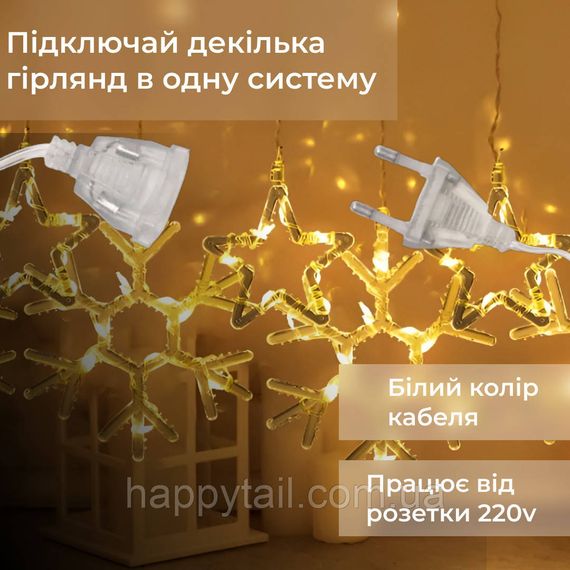 Гірлянда штора 3х0,9 м сніжинка зірка на 145 LED лампочок світлодіодна 10 шт 1733065ML Жовтий | Зображення 3
