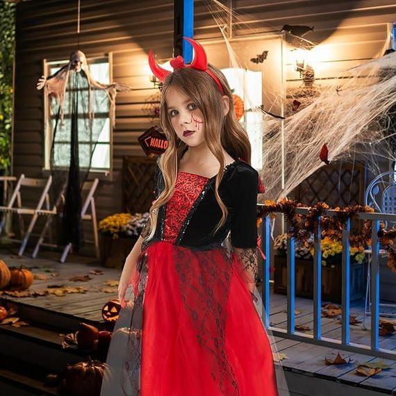 Костюм сукня вампіра чортика для дівчинки червона, комплект на Хелловін, обруч із ріжками, наліпка-татуювання на 105-115 см 4-6р | Зображення 4