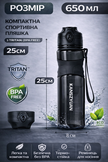 Бутылка тритановая с антибактериальным покрытием KANGZYUAN 650 мл Черный | Зображення 3