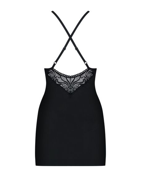 Сатиновий комплект для сну з мереживом Obsessive 828-CHE-1 chemise & thong, чорний, сорочка, ст, L/XL | Зображення 5