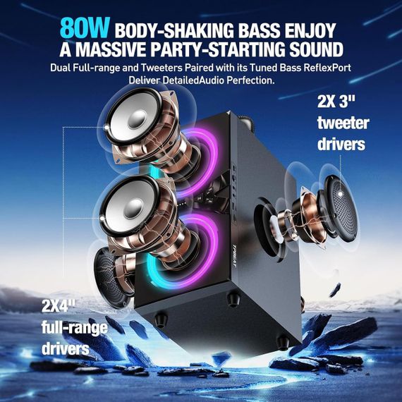 TPBEAT Bluetooth колонка, 80 Вт, потужний бас, LED-підсвічування, 100 дБ, стереозвук, 18 годин роботи, TWS для вечірок та кемпінгу | Зображення 1