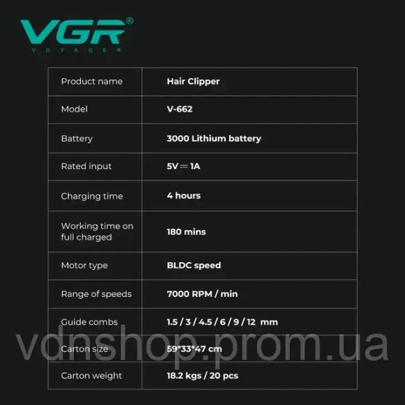 Акумуляторна машинка для стрижки VGR V-662 GREEN, 7000 RPM, 6 насадок, LED дисплей | Зображення 2