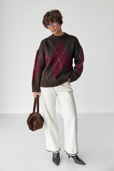 Тепла в'язана кофта з ромбами - коричневий цвет, ONE SIZE (є розміри) | Зображення 2