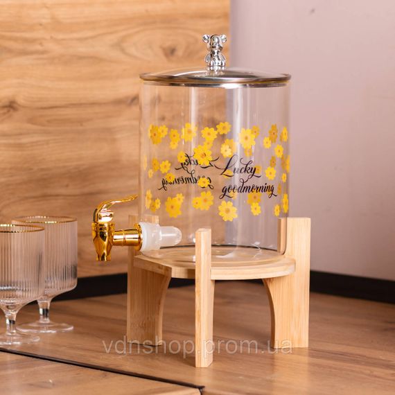 Лимонадниця з краном на дерев'яній підставці 3.6 л скляна лимонадниця диспенсер для напоїв HP-34-17 | Зображення 7