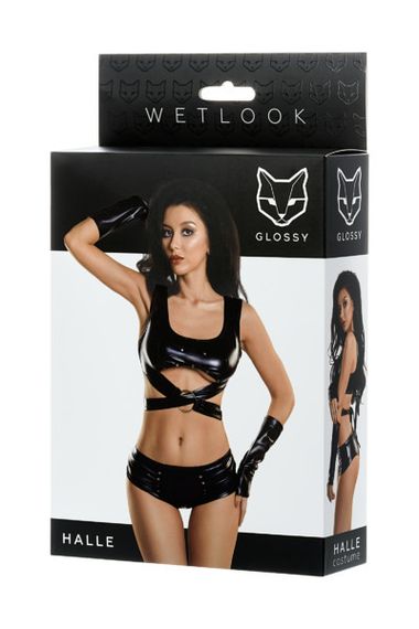 Комплект Glossy Halle из материала Wetlook (топ, мини-шорты и перчатки), черный - XL sexstyle