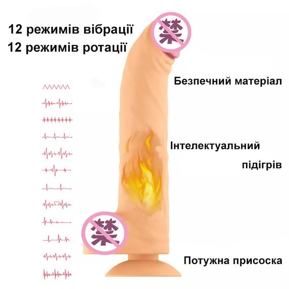 Фалоімітатор з вібрацією, ротацією, підігрівом та дистанційним керуванням (коричневий, USB) | Зображення 4