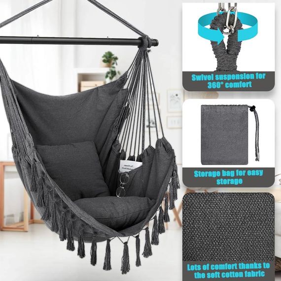 Подвесное кресло качеля с 2 подушками до 150 кг для помещения улицы, комнаты, террасы, сада, серый поли-хлопок | Зображення 1