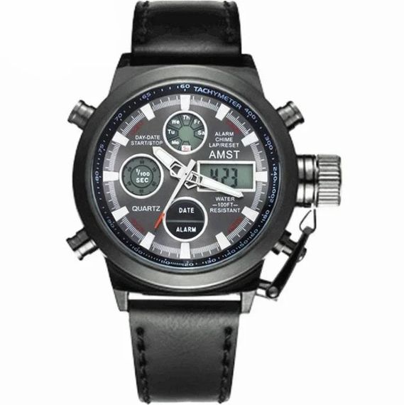 Чоловічий наручний годинник AMST Watch чорний • Стильний кварцовий годинник на руку в чорному кольорі для щоденного носіння, роботи та подарунка | Зображення 1