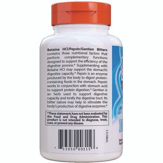Бетаїну гідрохлорид Doctor's Best Betaine HCL, Pepsin and Gentian Bitters 360 Caps DRB-00315 | Зображення 2