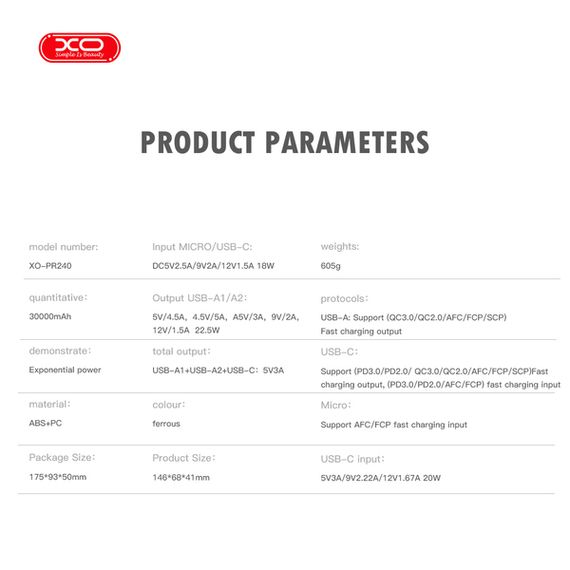 Батарея універсальна XO 30000mAh, PD/20W, QC/22.5W, with light, black (PR240_Black) | Зображення 4