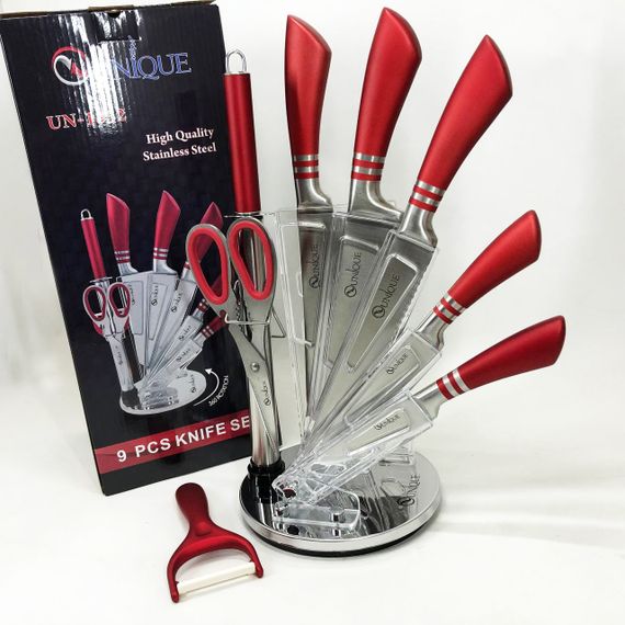 Набір ножів UNIQUE UN-1832 з підставкою 9 предметів овочечистка точилка ножиці Нержавіюча сталь | Зображення 4